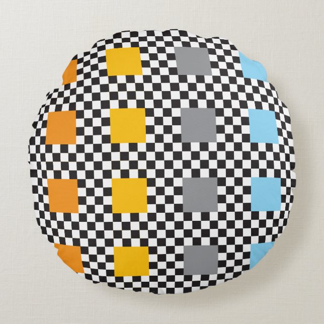Flerfärgade kryssade Mönster och stora fyrkanter Rund Kudde (Framsidan)