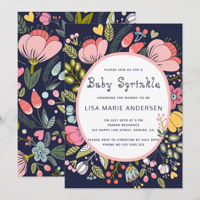 Flerfärgade vilda blommor äng marinblå baby sprink inbjudningar (Fram/baksida)