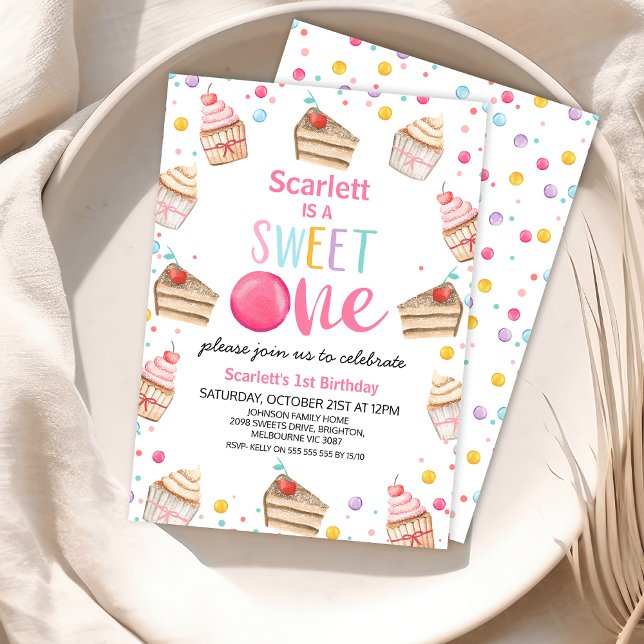 Flerfärgat konfektionerat godissötat ett första fö inbjudningar (Printable Little Girls Sweet One 1st Birthday Invitation, Sweet One First Birthday Party Invite,)
