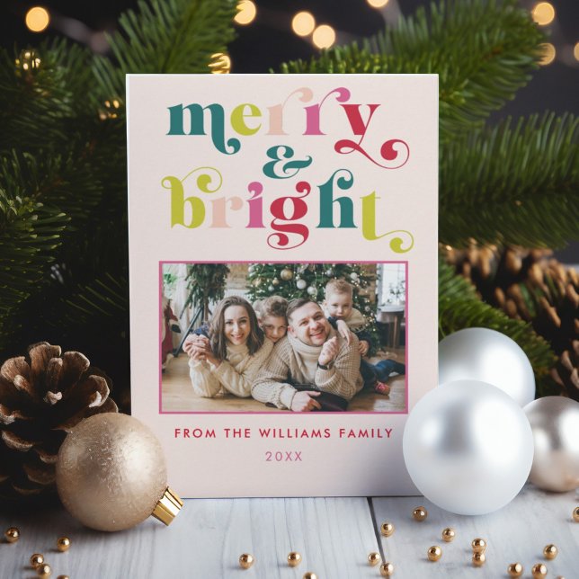 Flerfärgat, modernt, bra och ljus jul julkort (Multi Colored Modern Merry & Bright Christmas Holiday Card)