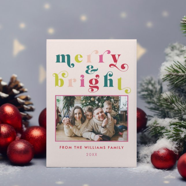 Flerfärgat, modernt, bra och ljus jul julkort (Multi Colored Modern Merry & Bright Christmas Holiday Card)