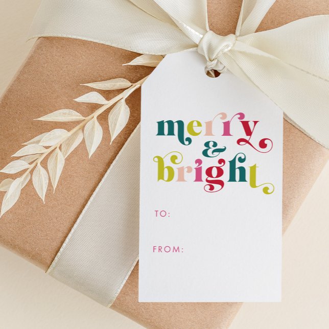 Flerfärgat, modernt, bra och ljus jul presentetikett (Multi Colored Modern Merry & Bright Christmas Gift Tags)