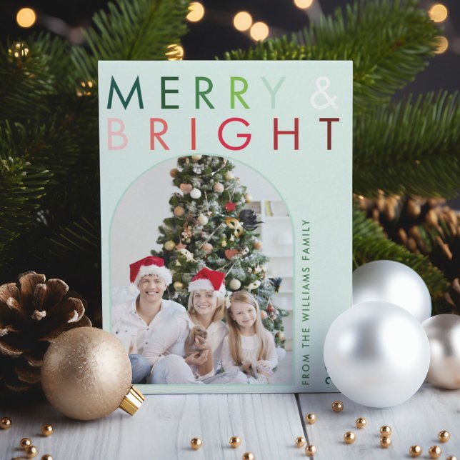 Flerfärgat, modernt, nyttigt och elegant julhus julkort (Multi Colored Modern Merry & Bright Christmas Arch Holiday Card)