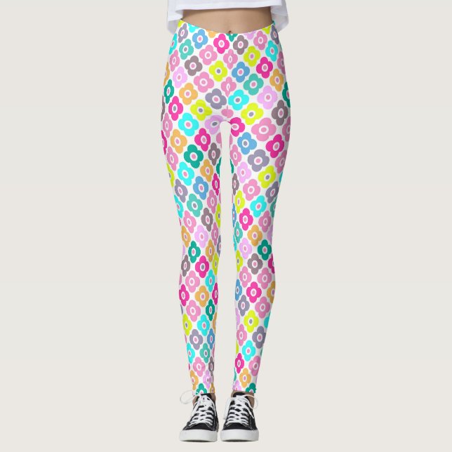 Flerfärgat rustikt blommönster på vit  leggings (Framsida)