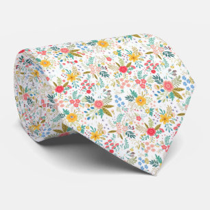 Flerfärgat vårblommigt mönster vit bakgrund slips