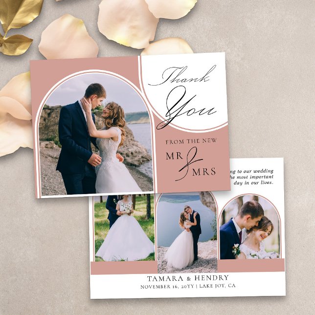Flerfoto-Elegant-kalligrafi Ro Guld Tack Kort (Arched multi photo thank you card in rose gold from my Wedding Colors collection)