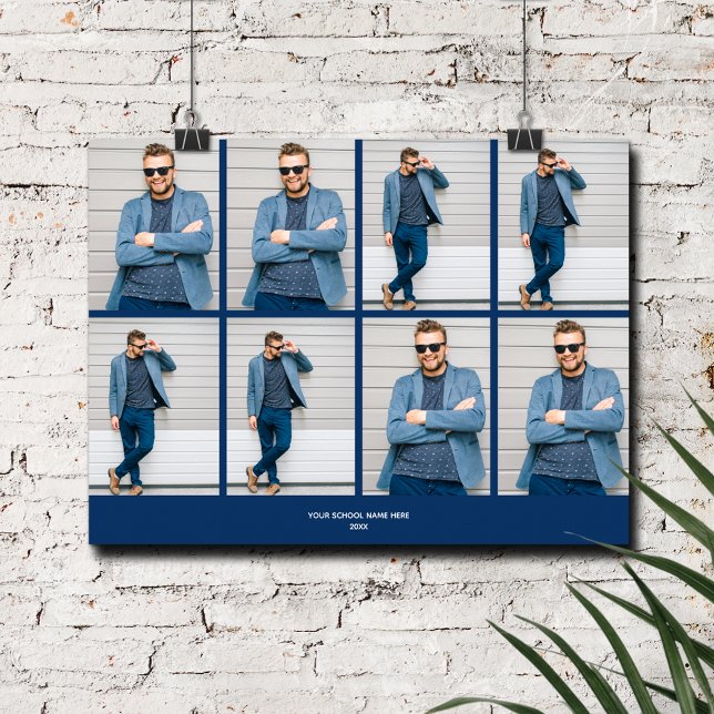 Flerfoto, marin blå poster (Multi Photo Navy Blue Graduation Poster, INSTANT DOWNLOAD and/or PRINTED)