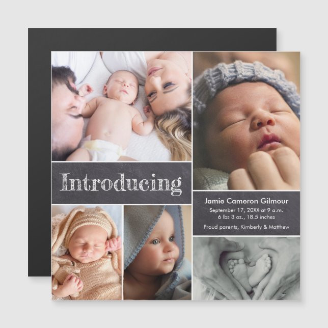 Flerfotokollage Introduktion till baby födelse Magnetisk Inbjudningskort (Fram/baksida)