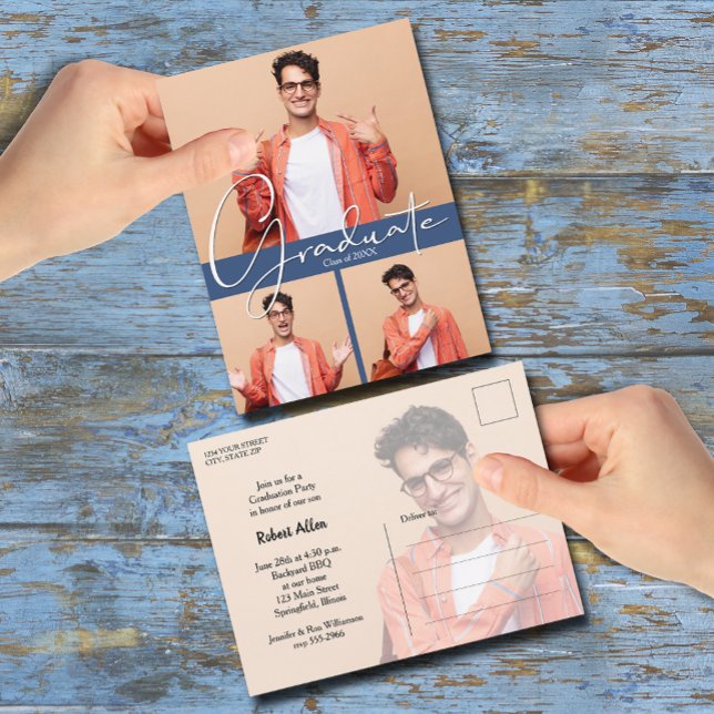 Flerfotos Blå Examen Fest Inbjudan (Multi Photo Blue Graduation Party Invitation Postcards)