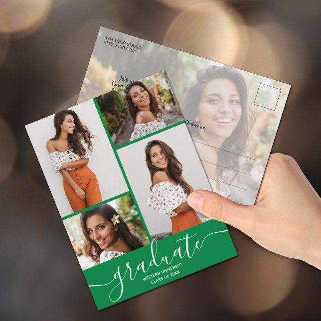 Flerfotos grön inbjudan till examensfest (Graduation photo party invitation postcards)