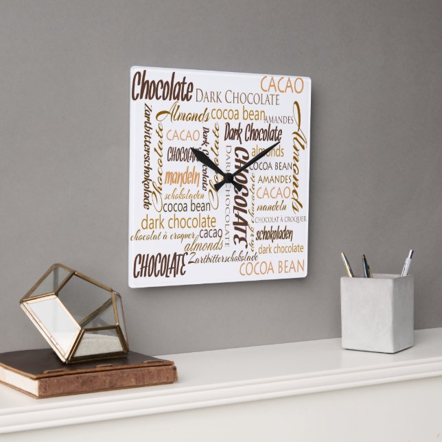Flerspråkig chokladtypografi Ord Collage Fyrkantig Klocka (Kontor)
