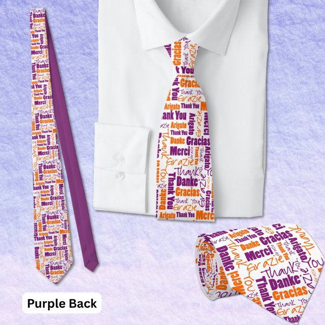 Flerspråkig Lila Orange Tack Typografi Slips (Black and purple multilingual thank you word cloud tie. Purple back. )