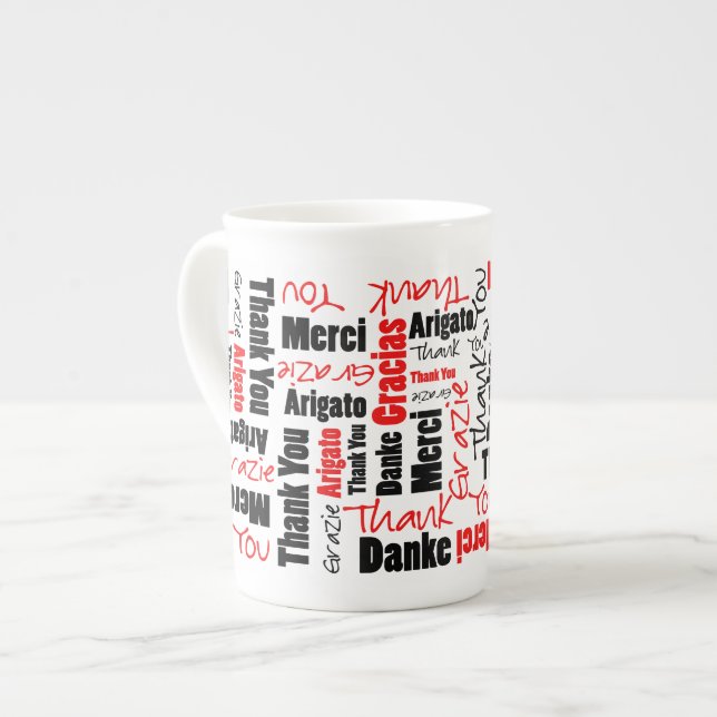 Flerspråkig svart "Tack"-typografi Benporslin Mugg (Framsida vänster)
