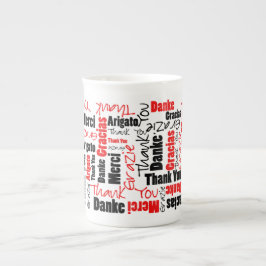 Flerspråkig svart "Tack"-typografi Benporslin Mugg