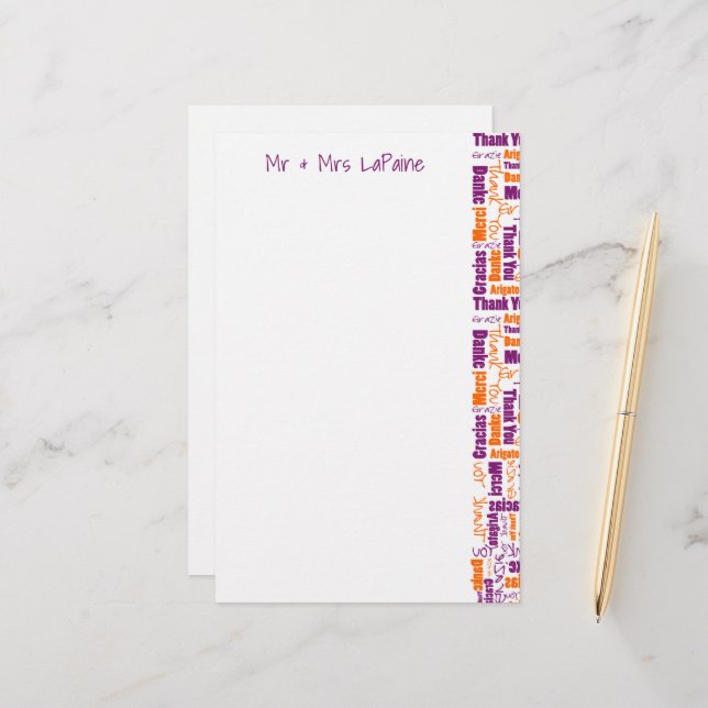 Flerspråkig Tack typografi Collage Bröllop Brevpapper (Fram/Back In Situ)