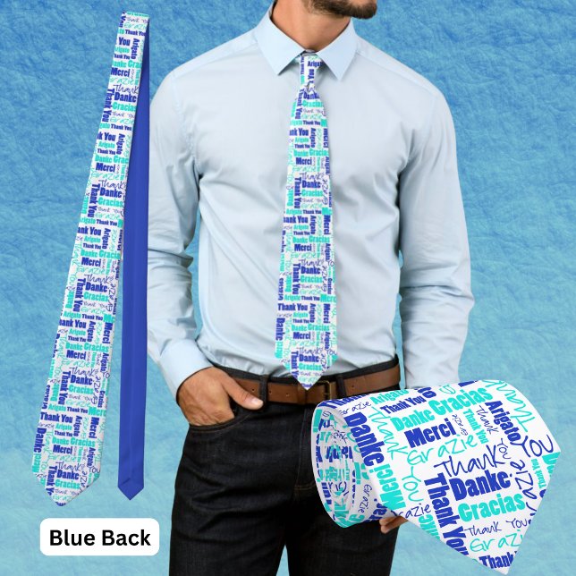 Flerspråkig Tack Typografi Collage Slips (Blue and turquoise multilingual thank you polyester tie with blue back. )