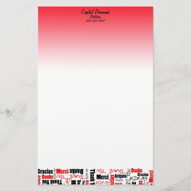 Flerspråkigt svart och Röda Ord-molnet i Tack Brevpapper (Framsida)