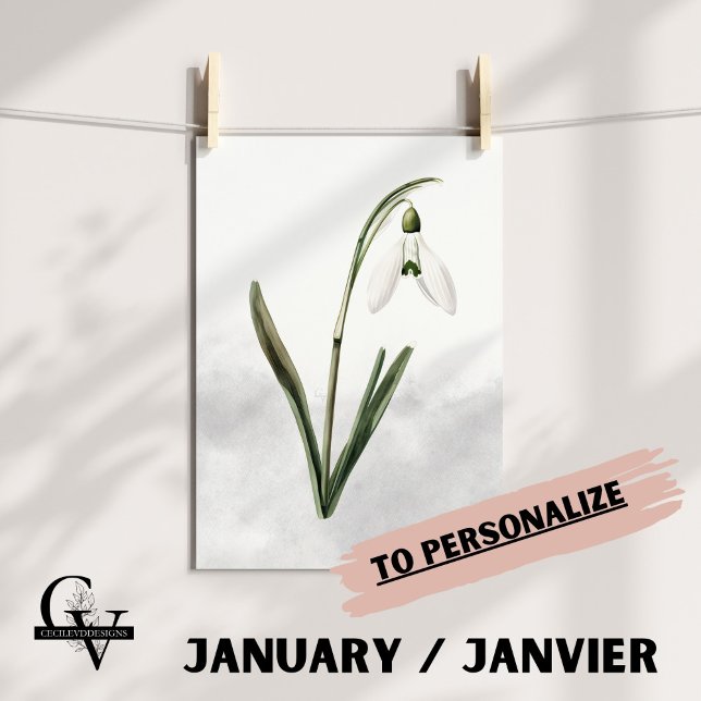 Fleur de février aquarelle botanique perce-neige poster (Fleur de Naissance du mois de Février : Le Perce Neige)