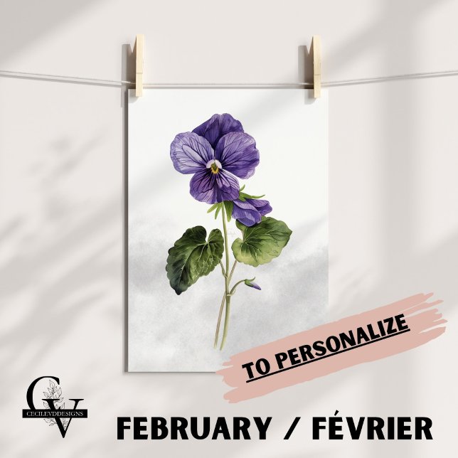 Fleur de février aquarelle botanique violette poster (Fleur de Naissance du mois de Février : La Violette)