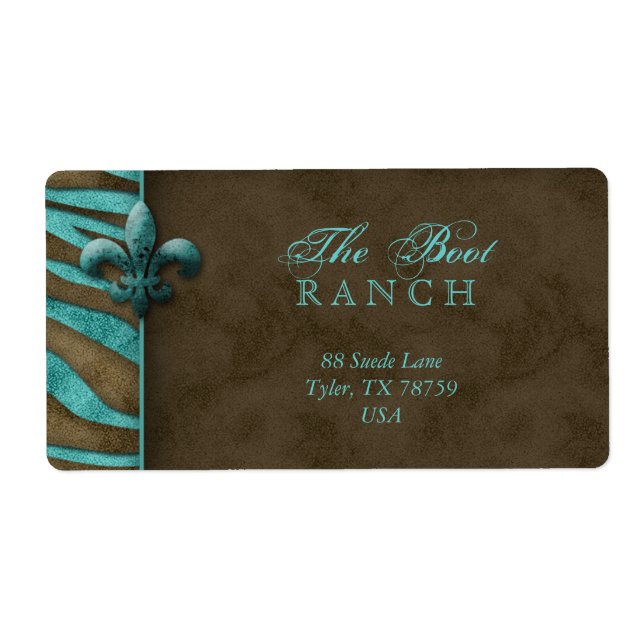 Fleur de Lis Address Label Blue Brown Zebra Suede Fraktsedel (Framsidan)