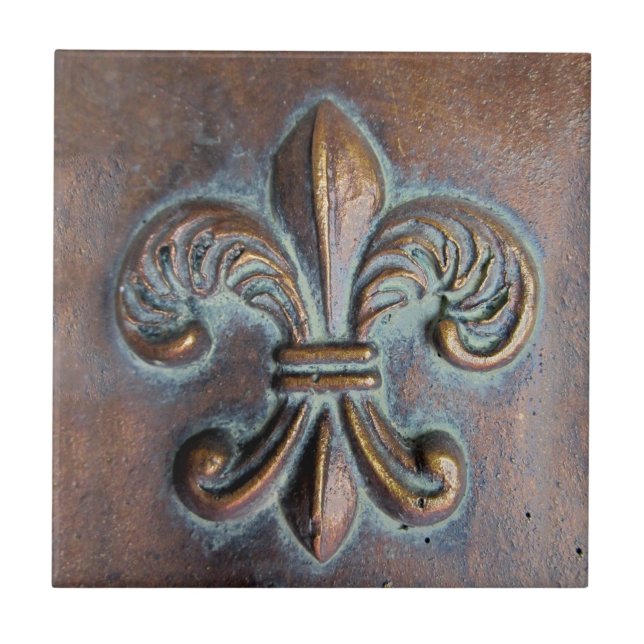 Fleur De Lis, Åldras Copper-look tryckt Kakelplatta (Framsidan)