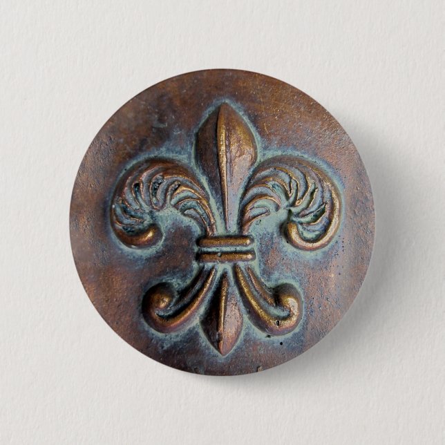 Fleur De Lis, Åldras Copper-look tryckt Knapp (Framsida)
