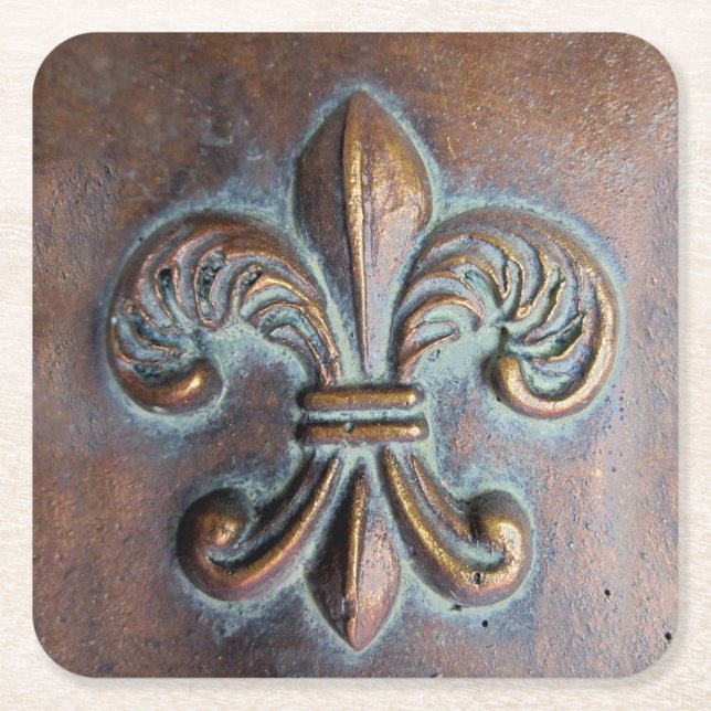 Fleur De Lis, Åldras Copper-look tryckt Underlägg Papper Kvadrat (Framsidan)