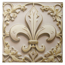 Fleur de Lis Antique Cream Guld Beige Faux Relief Kakelplatta