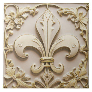 Fleur de Lis Antique Cream Guld Beige Faux Relief Kakelplatta