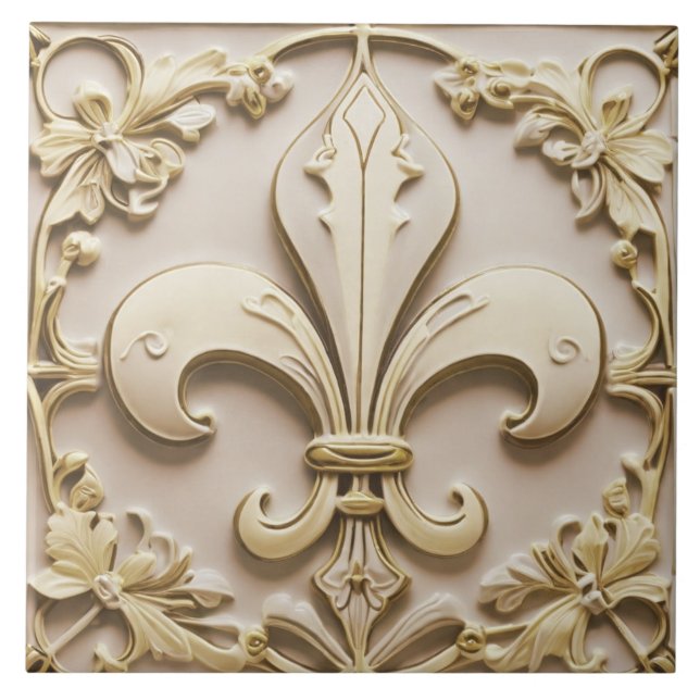 Fleur de Lis Antique Cream Guld Beige Faux Relief Kakelplatta (Framsidan)