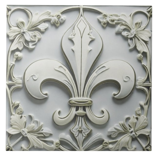 Fleur de Lis Antique Grått Grått Faux Relief Kakelplatta (Framsidan)