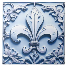Fleur de Lis Antique Light Blue Faux Relief Kakelplatta