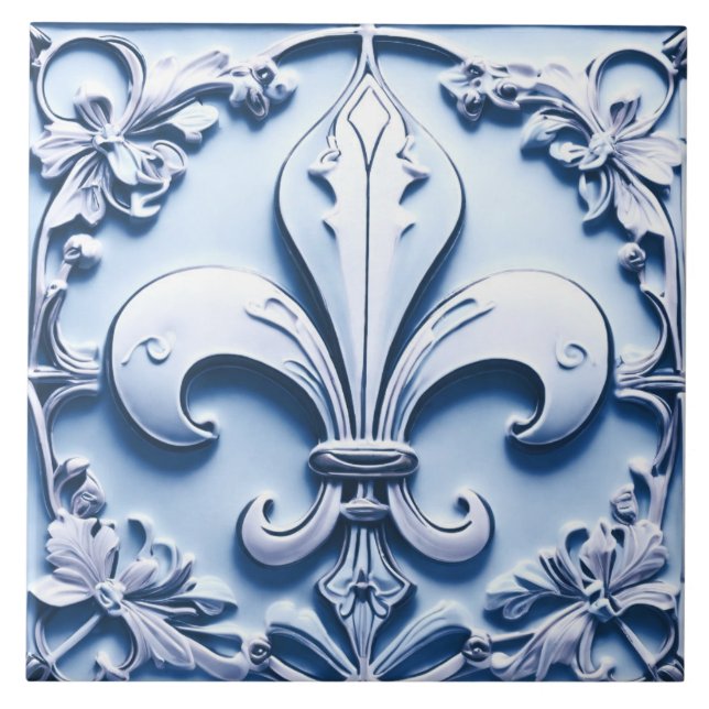 Fleur de Lis Antique Light Blue Faux Relief Kakelplatta (Framsidan)