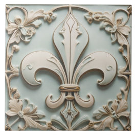 Fleur de Lis Antique Pastel Light Mint Faux Relief Kakelplatta
