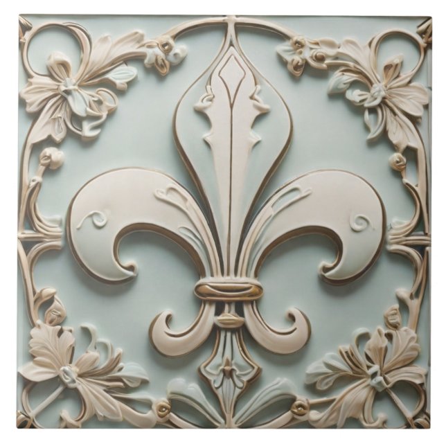 Fleur de Lis Antique Pastel Light Mint Faux Relief Kakelplatta (Framsidan)