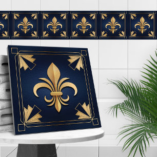 Fleur-De-Lis - Art Deco - Blue och Guld Kakelplatta