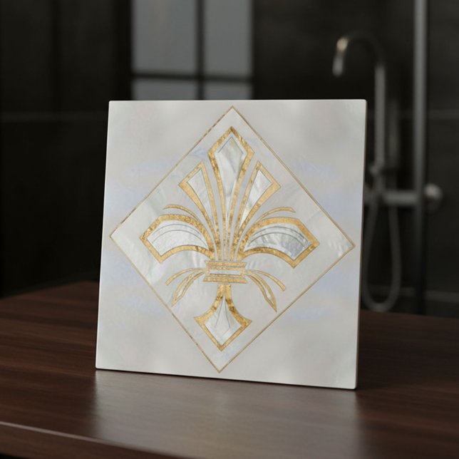 Fleur-de-lis Art Deco - pärlor och guld Kakelplatta (Skapare uppladdad)