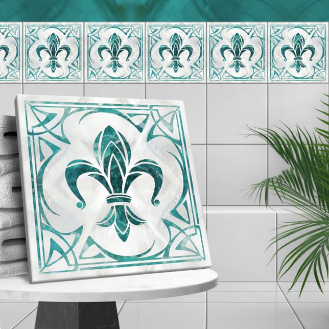 Fleur-De-Lis - Art nouveau - Aquamarine Kakelplatta (Skapare uppladdad)