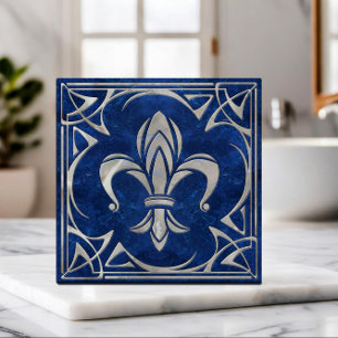 Fleur-De-Lis - Art nouveau - Blå marmor och pärlor Kakelplatta