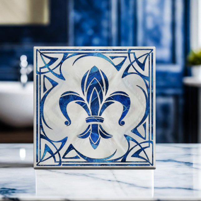 Fleur-De-Lis - Art nouveau - Blå marmor och pärlor Kakelplatta (Skapare uppladdad)