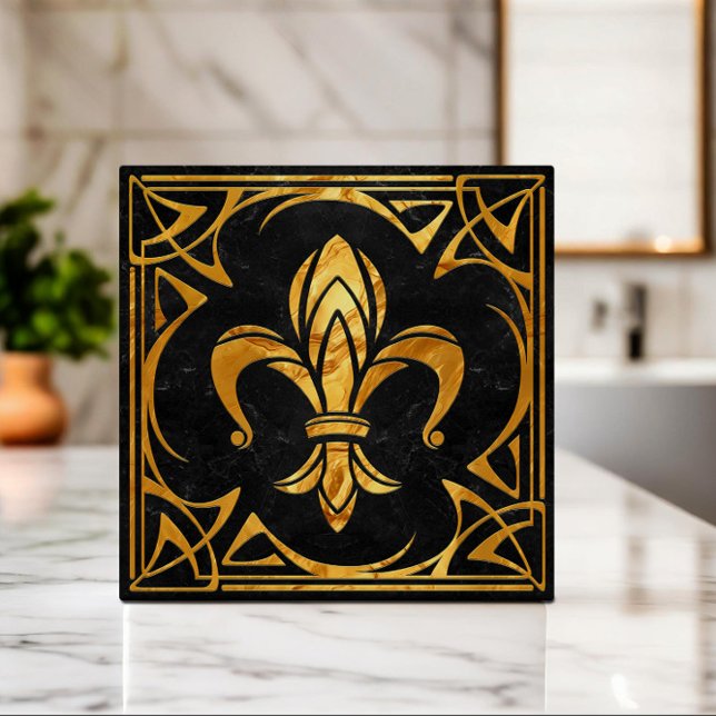 Fleur-De-Lis - Art nouveau-Black Marble och Guld Kakelplatta (Skapare uppladdad)