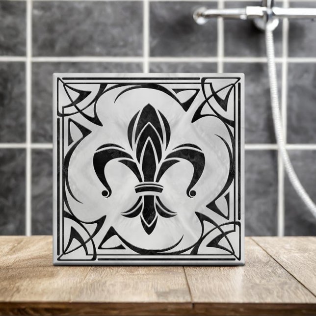 Fleur-De-Lis - Art nouveau - Black Marble och Pear Kakelplatta (Skapare uppladdad)