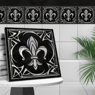 Fleur-De-Lis - Art nouveau - Black Marble och Pear Kakelplatta