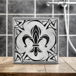 Fleur-De-Lis - Art nouveau - Black Marble och Pear Kakelplatta