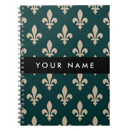 Fleur de Lis, Beige on Green, Royal, Your Name Anteckningsbok