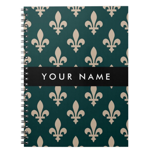Fleur de Lis, Beige on Green, Royal, Your Name Anteckningsbok (Framsidan)