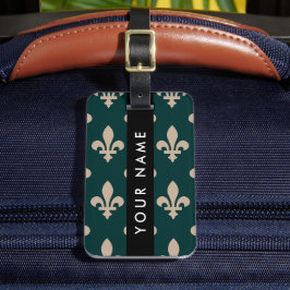 Fleur de Lis, Beige on Green, Royal, Your Name Bagagebricka