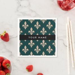 Fleur de Lis, Beige on Green, Royal, Your Name Pappersservett