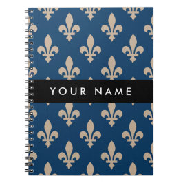 Fleur de Lis, Beige on Navy Blue, Royal, Your Name Anteckningsbok