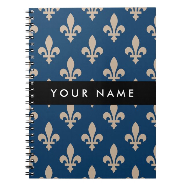 Fleur de Lis, Beige on Navy Blue, Royal, Your Name Anteckningsbok (Framsidan)